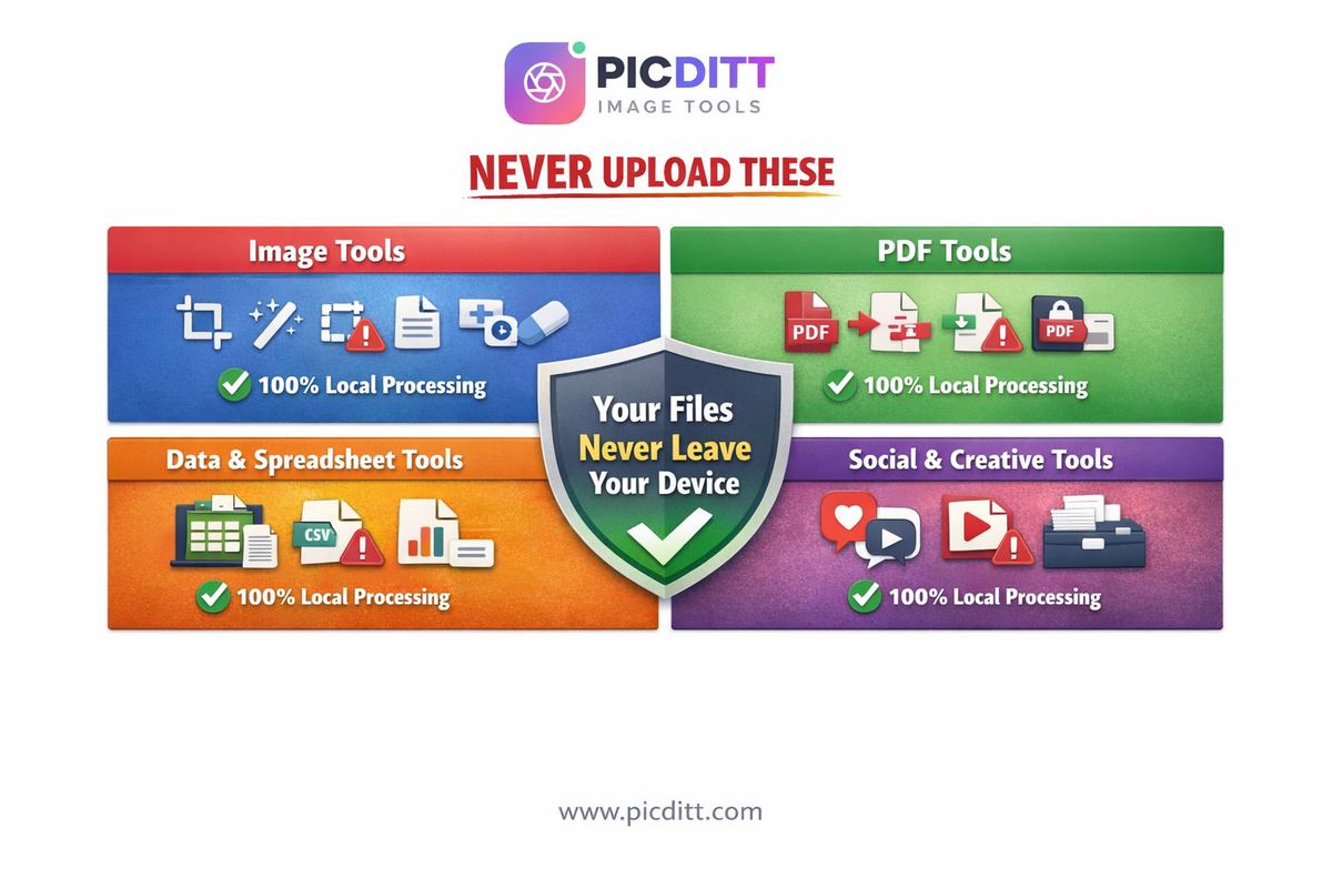 Infographic showing all four categories of Picditt tools including image PDF spreadsheet and social media tools all marked with 100% local processing and a central privacy shield