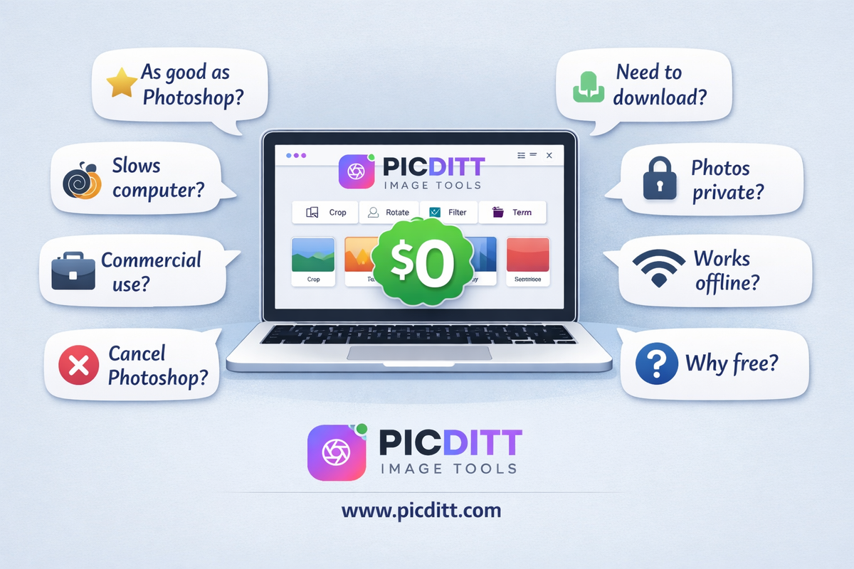 FAQ illustration showing a laptop with free tool replacing Photoshop surrounded by floating question cards about quality privacy commercial use downloads computer speed and cancellation