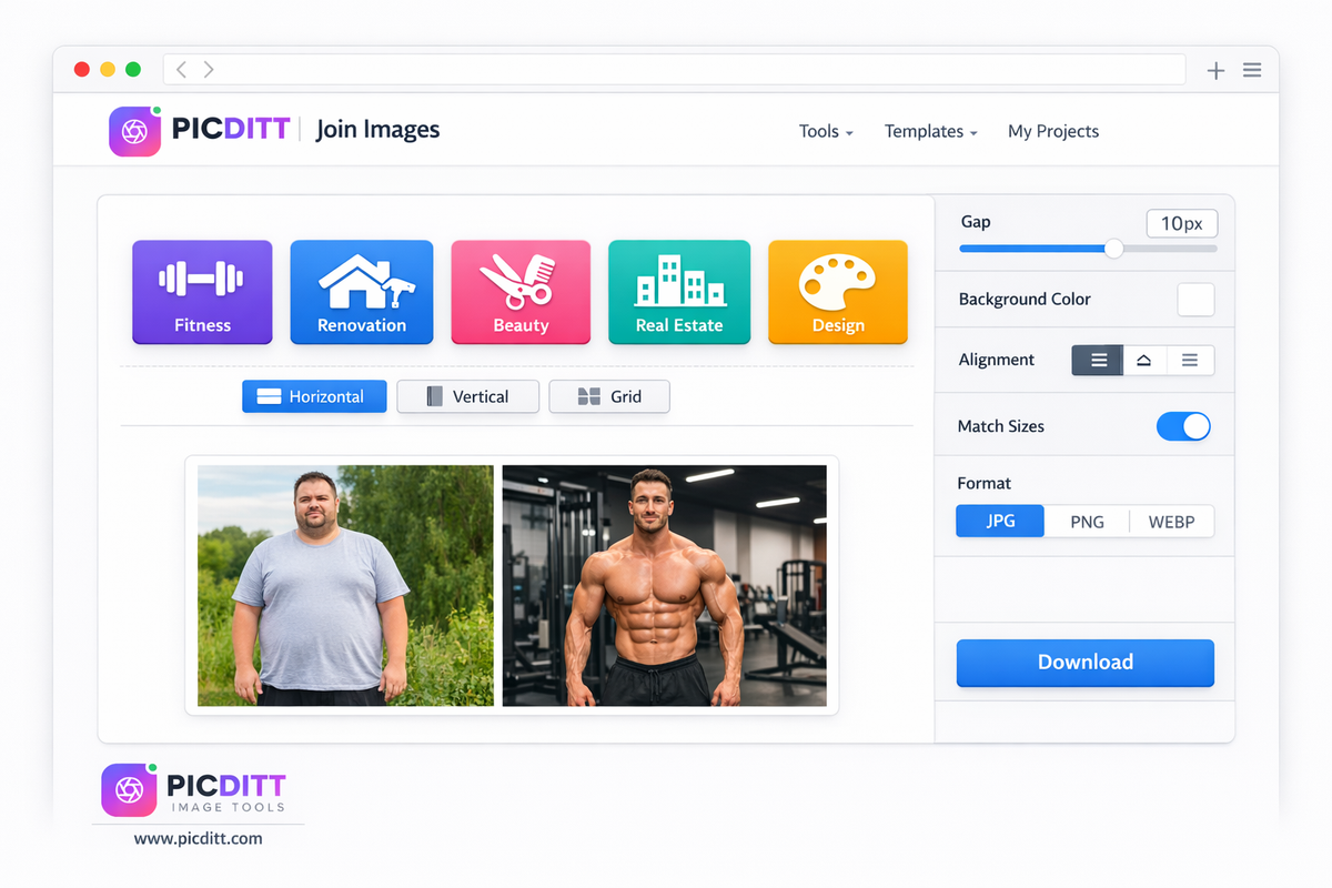 Picditt Join Images tool interface showing uploaded image thumbnails layout selection horizontal vertical grid customization options and download button
