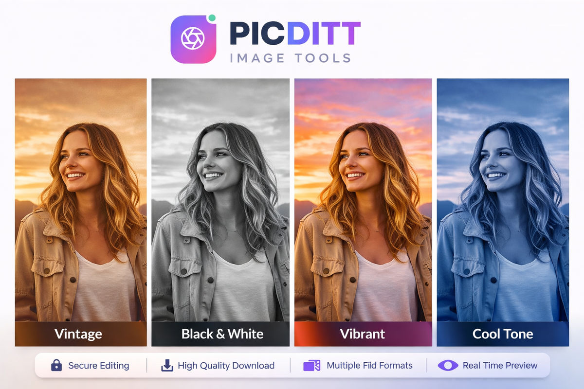 Comparison of different image filter styles including vintage, black and white, and vivid