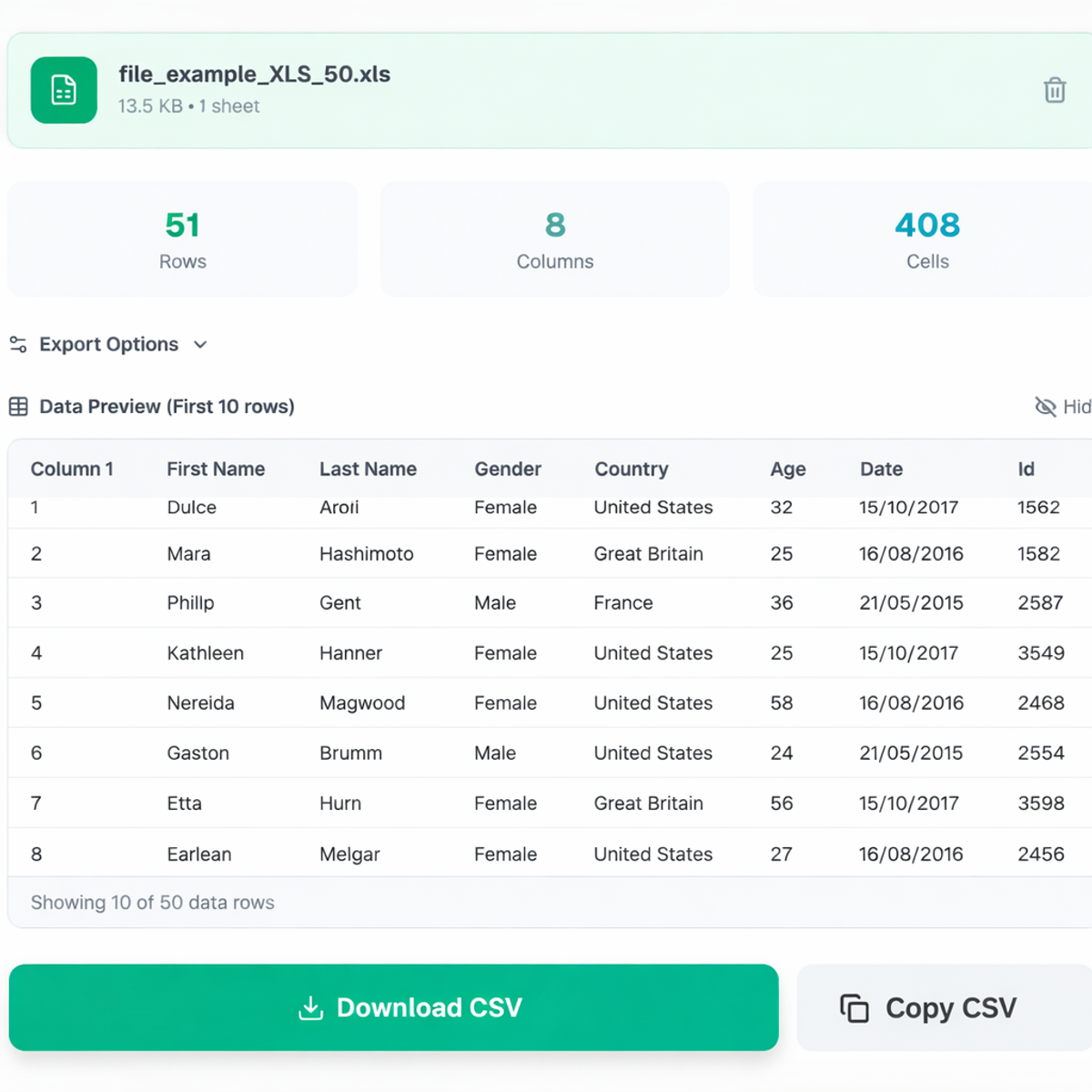 Picditt XLSX to CSV converter showing sheet selection dropdown delimiter options and data preview table before download