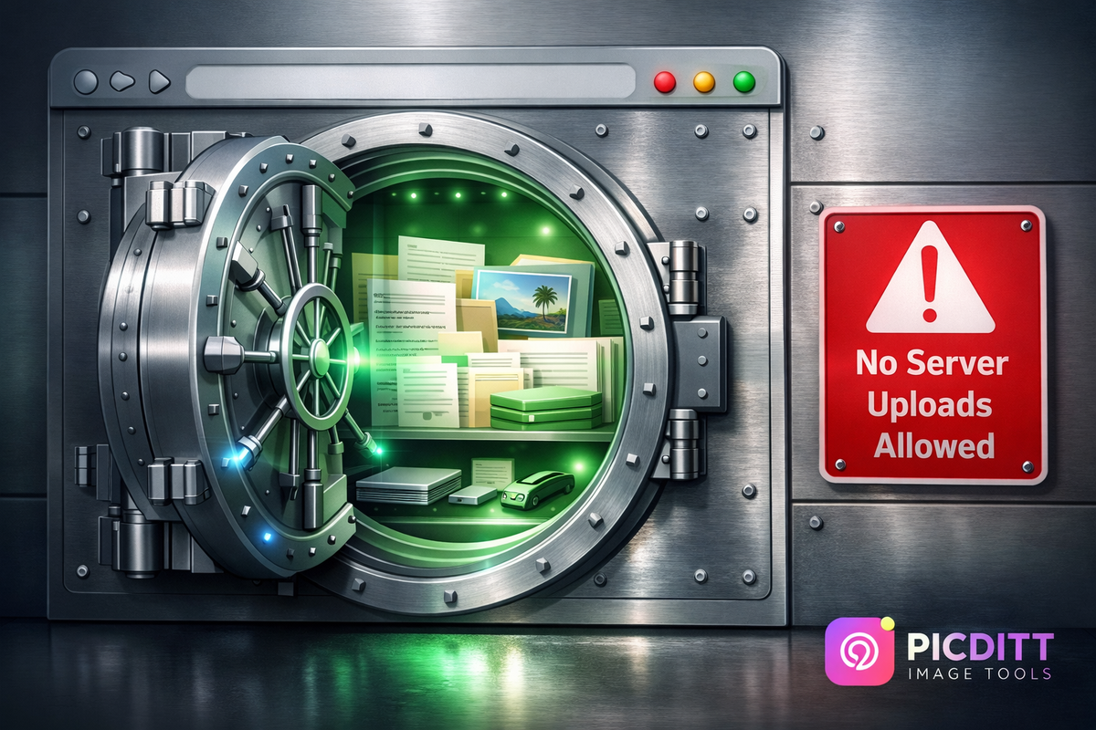 3D illustration of a web browser transformed into a secure bank vault protecting documents