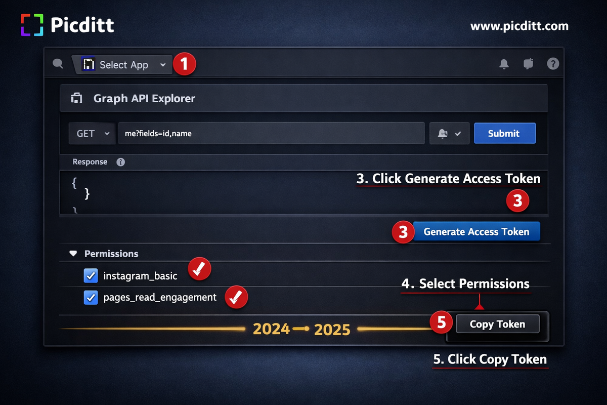 Facebook Developer Console screenshot showing the steps to generate a new Instagram access token for fixing Reels embed authentication including app selection permissions and token generation