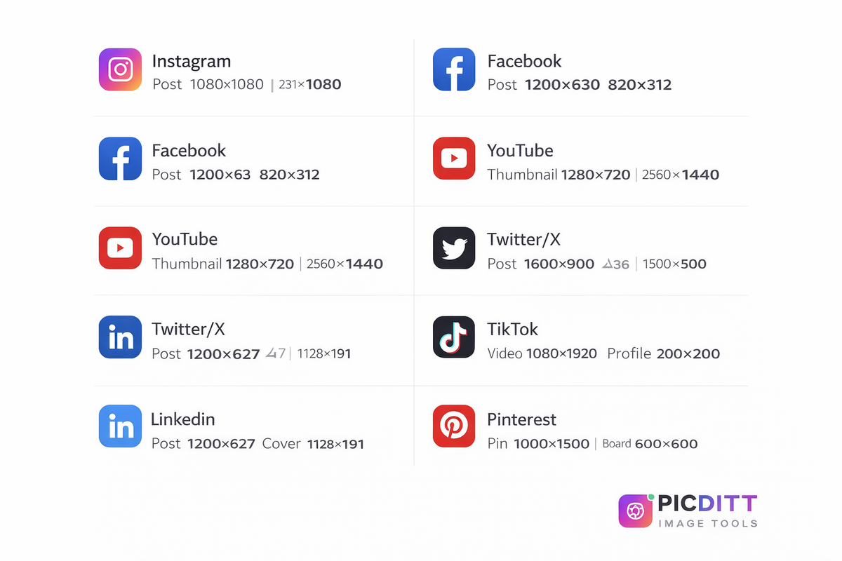 Complete social media image size cheat sheet for 2026 showing dimensions for Instagram Facebook YouTube Twitter LinkedIn TikTok and Pinterest