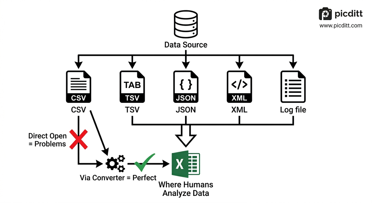 Data flow diagram showing how various text export formats from databases flow to Excel for analysis with a comparison of direct opening problems versus converter tool success