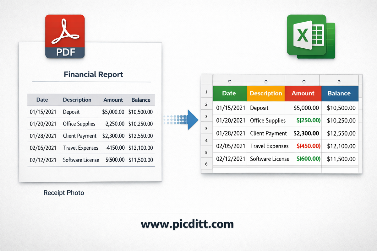 Before and after comparison showing a PDF document with a data table being extracted into a perfectly formatted Excel spreadsheet using free PDF to Excel conversion tool
