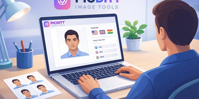 Person creating a professional passport photo at home using a free online passport photo maker tool showing official size requirements and white background