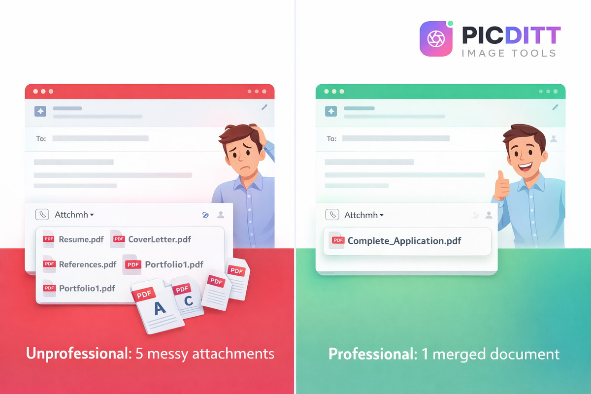 Comparison showing the frustration of receiving an email with multiple PDF attachments versus the professional look of sending one merged PDF document