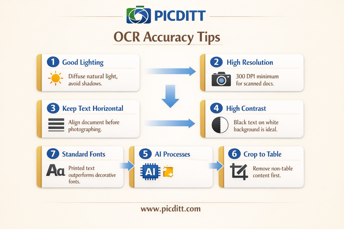 Six OCR accuracy tips infographic covering good lighting high resolution horizontal text standard fonts high contrast and cropping to the table for best image to Excel conversion results
