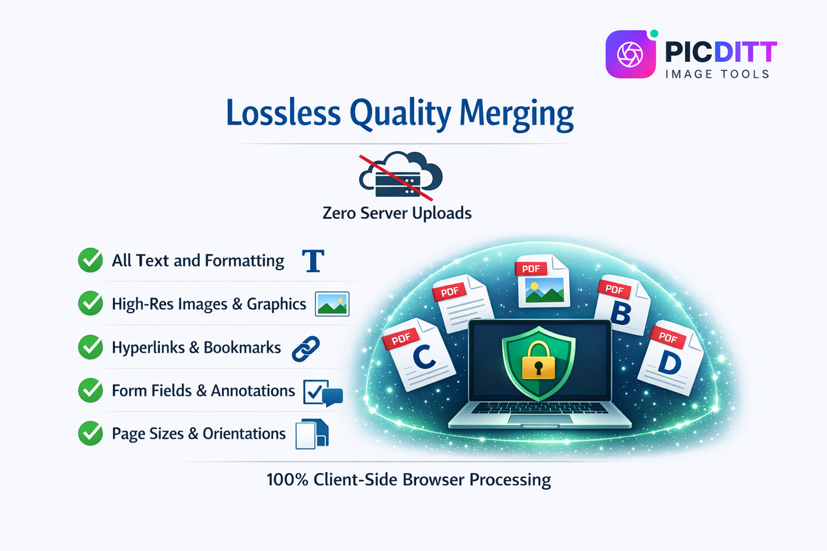 Infographic checklist showing what is preserved during PDF merging including formatting images hyperlinks form fields and page sizes