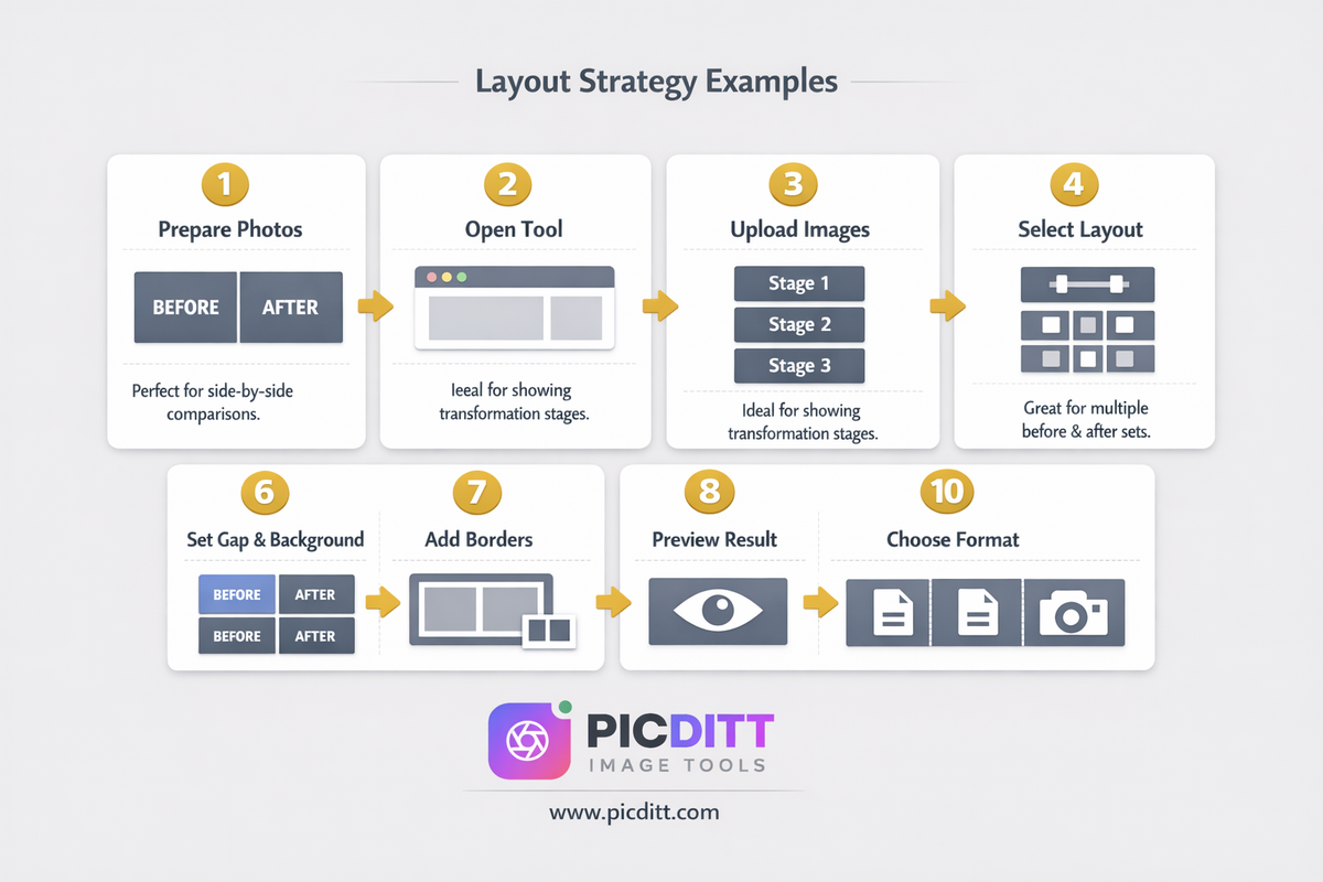 Four layout strategy examples showing classic before after horizontal split progress vertical stack comparison grid and panoramic edge to edge join with diagrams