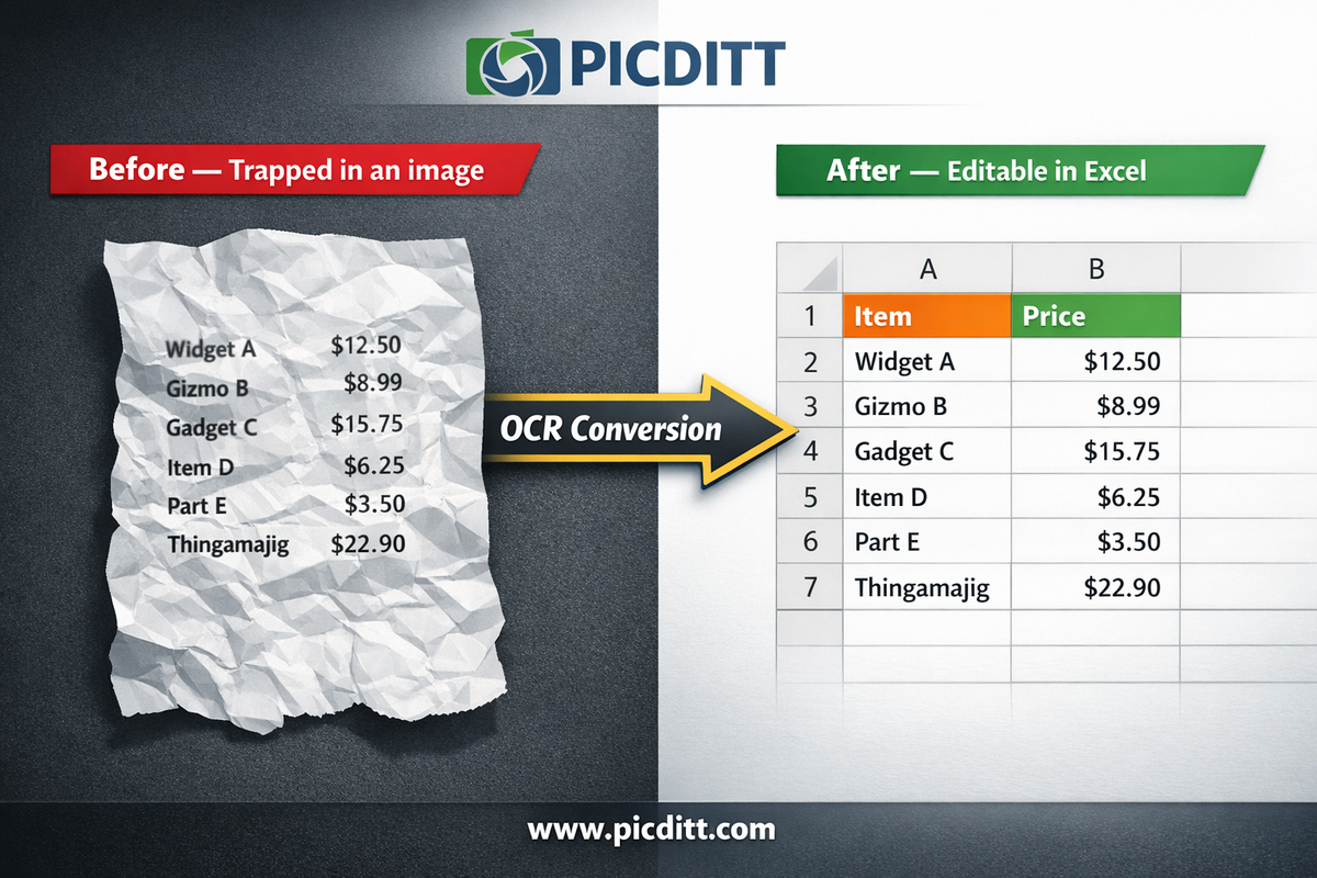 Before and after comparison showing a printed paper receipt on the left transformed into a clean organized Excel spreadsheet on the right using OCR conversion