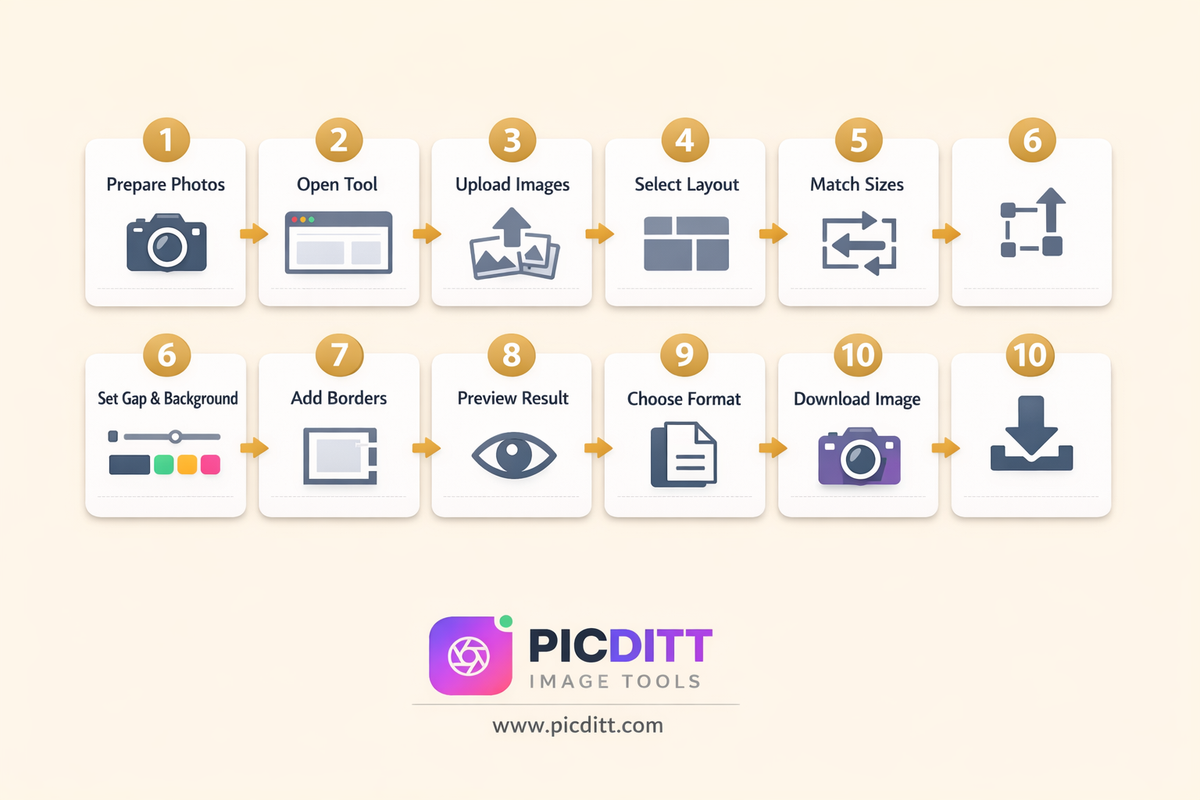 Ten step visual process flowchart showing how to create a before and after comparison photo from preparing photos through uploading selecting layout customizing and downloading