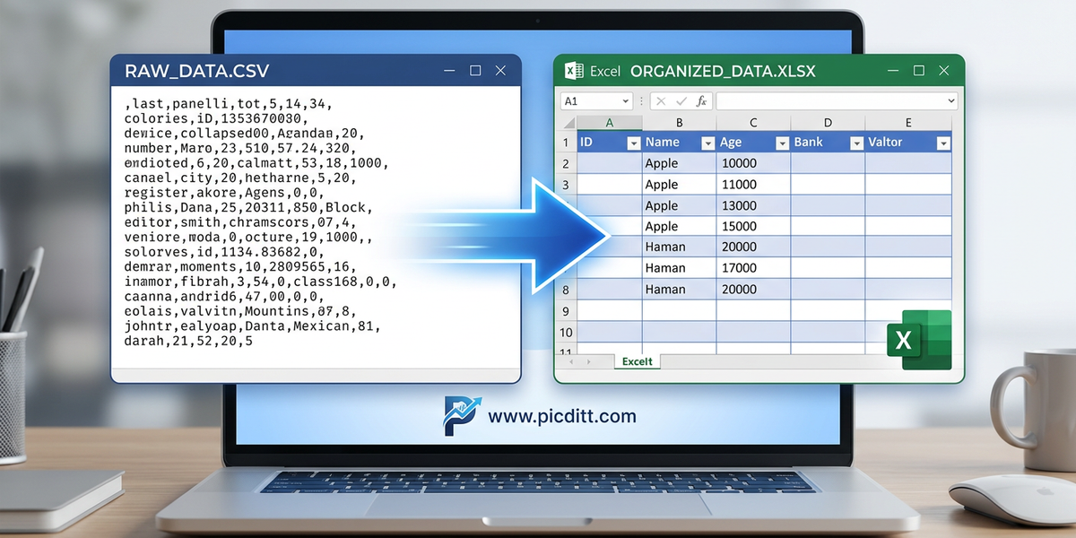 Messy comma separated text data being transformed into a clean organized Excel spreadsheet on a computer screen