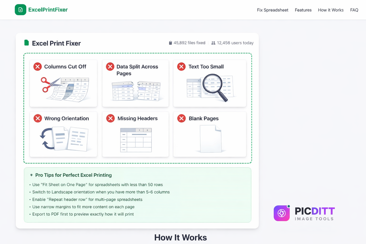 Picditt free online Excel Print Fixer tool interface showing file upload area for xlsx xls and csv files