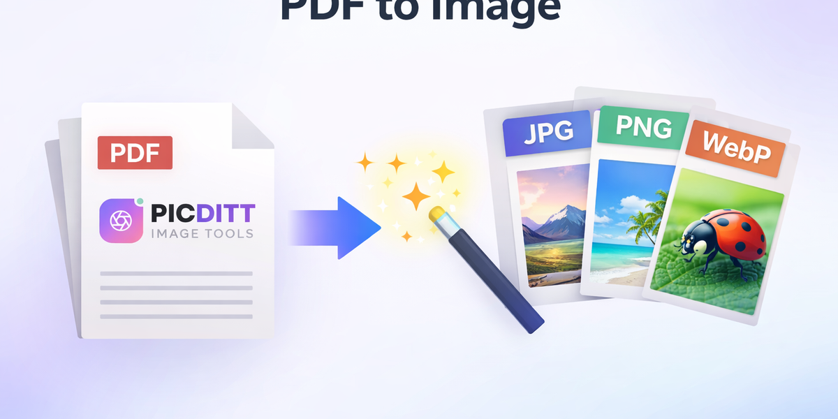 Illustration showing a multi-page PDF document being converted into separate high-resolution JPG PNG and WebP image files