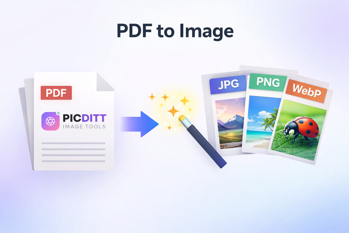 Illustration showing a multi-page PDF document being converted into separate high-resolution JPG PNG and WebP image files