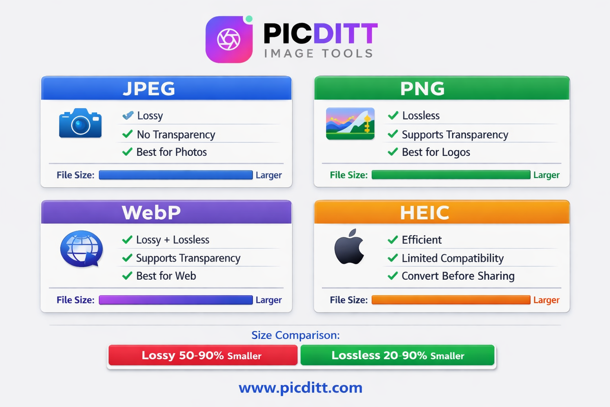Image format comparison reference card showing JPEG PNG WebP and HEIC characteristics best use cases and file size comparison for choosing the right format