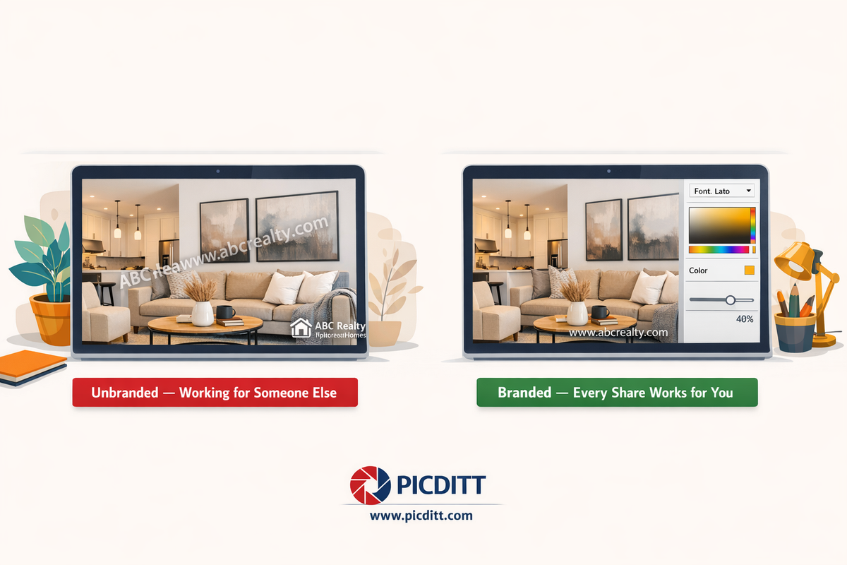 Before and after comparison showing an unbranded product photo versus the same photo with professional logo and text watermark branding applied