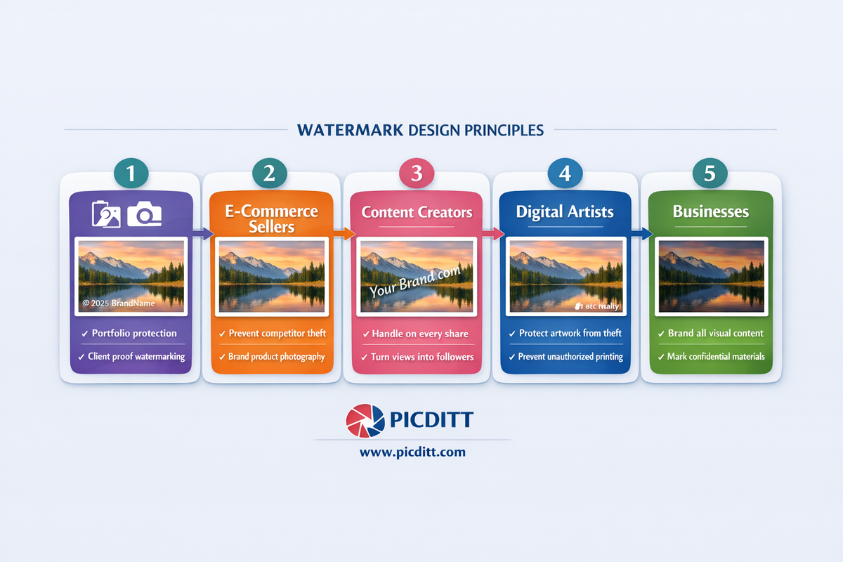 Five professional use case cards showing how photographers e-commerce sellers content creators digital artists and businesses use photo watermarking for different purposes