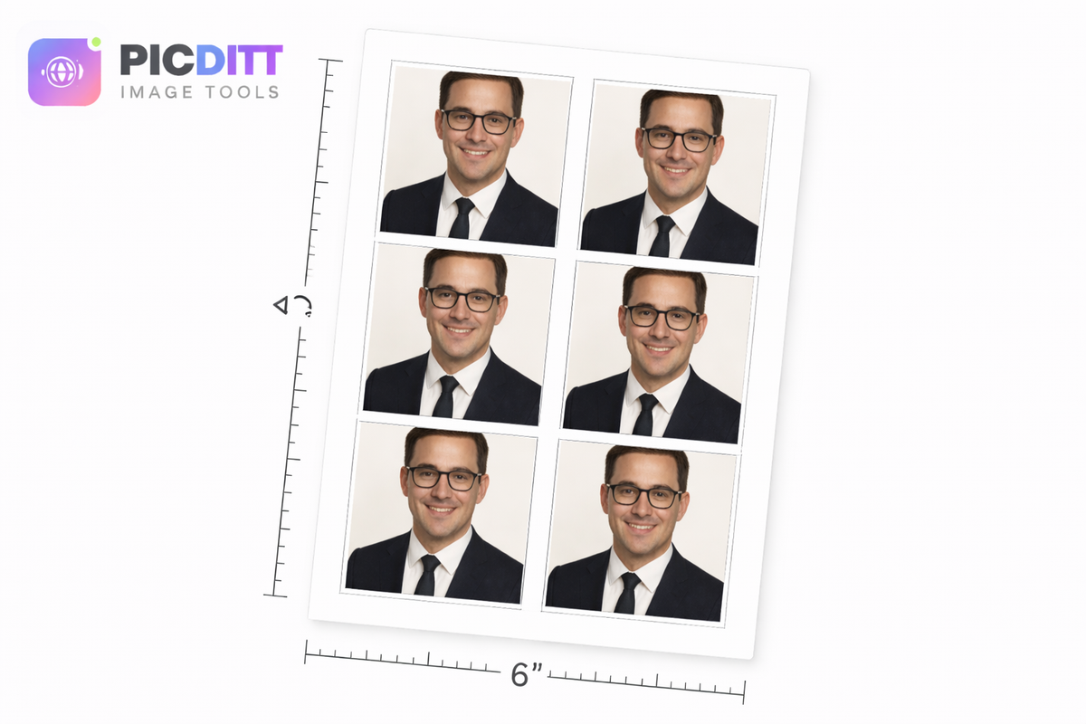 4×6 photo sheet layout containing multiple 2×2 passport photos with cut lines