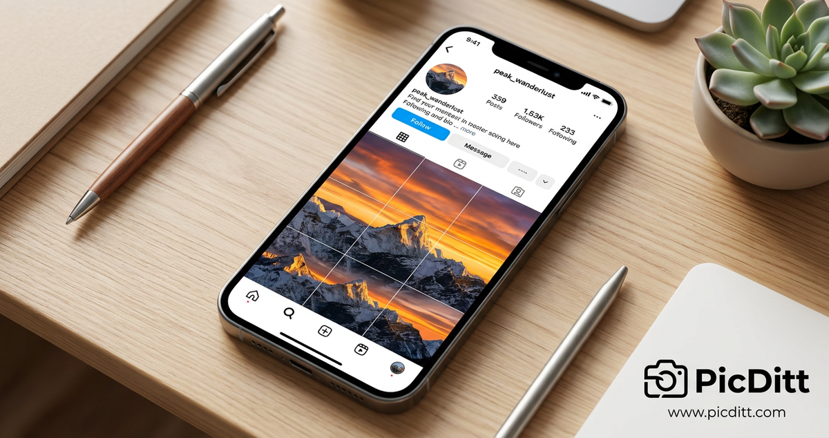 Instagram profile showing a 3x3 grid layout where nine posts combine to form a single mountain sunset landscape