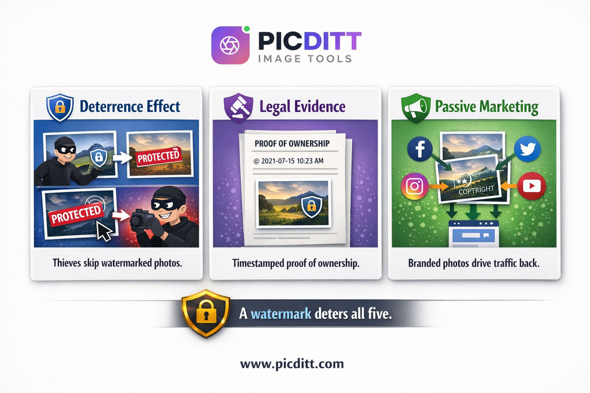 Three function infographic showing how watermarks provide deterrence against theft legal evidence of ownership and passive brand marketing simultaneously