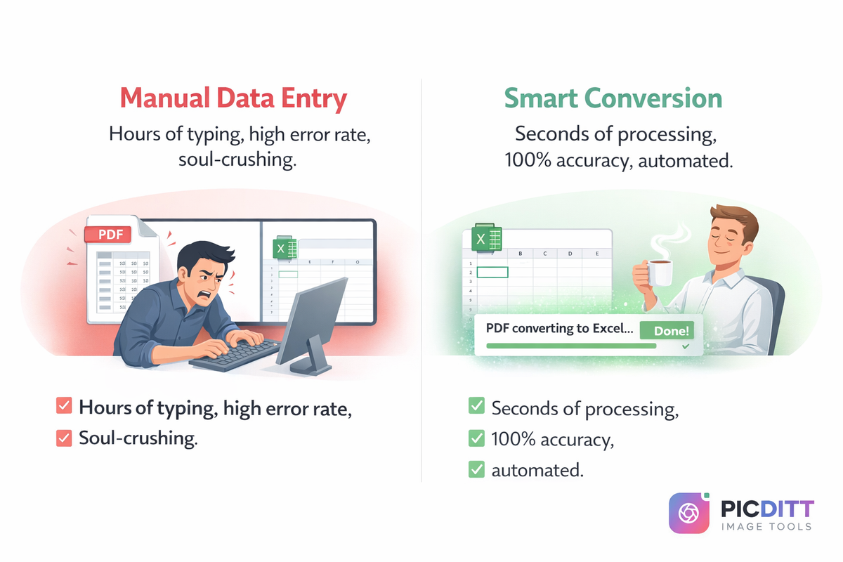 Comparison infographic showing the frustration and time waste of manual data entry from PDFs versus the speed and accuracy of automated PDF to Excel conversion