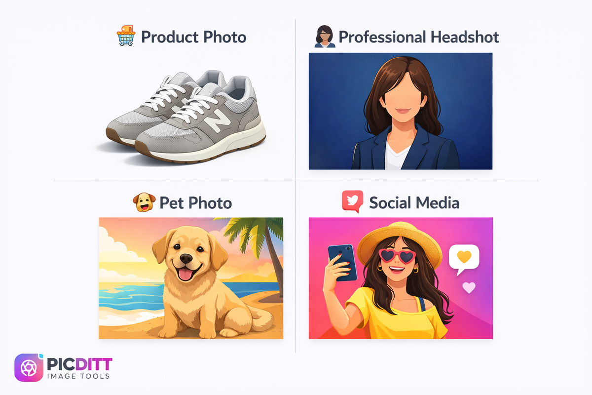 Four use cases for AI background removal showing product photo headshot pet photo and social media graphic