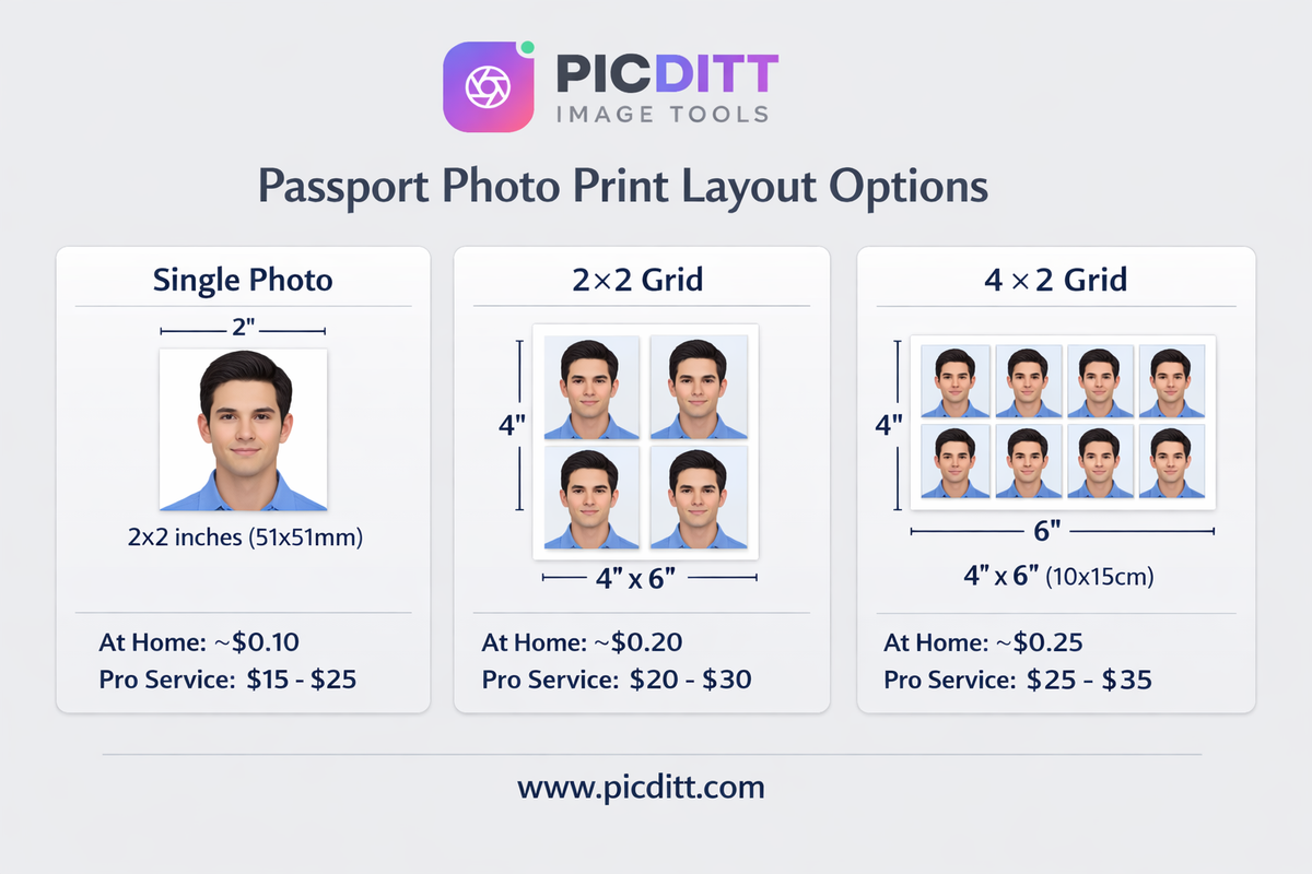 Three passport photo print layout options showing single photo 2x2 grid and 4x2 grid arrangements with dimensions and cost comparisons