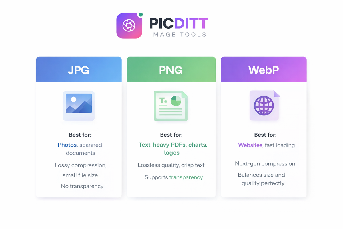 Comparison infographic showing the differences between JPG PNG and WebP image formats and when to use each for PDF conversion