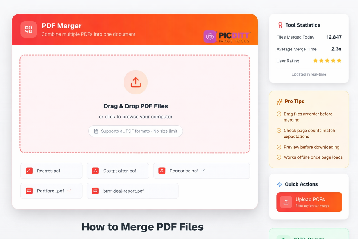 Picditt PDF merger tool showing uploaded files being dragged and dropped into the correct order before combining