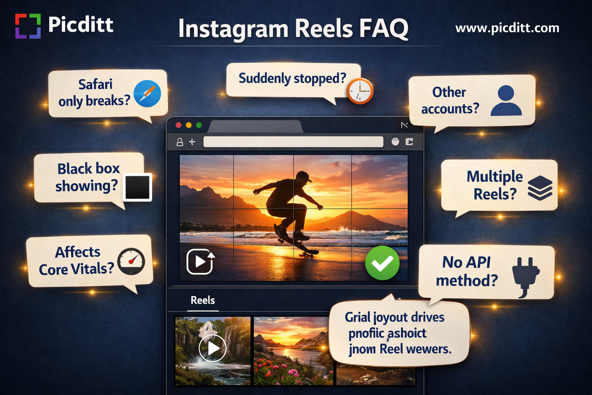 FAQ illustration showing a successfully playing Instagram Reel embed surrounded by floating question cards about Safari compatibility token expiration third party reels black box display Core Web Vitals multiple embeds and API-free methods