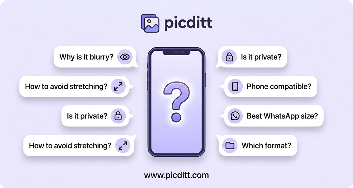 FAQ illustration showing a smartphone surrounded by floating question bubbles about image resizing for profile pictures
