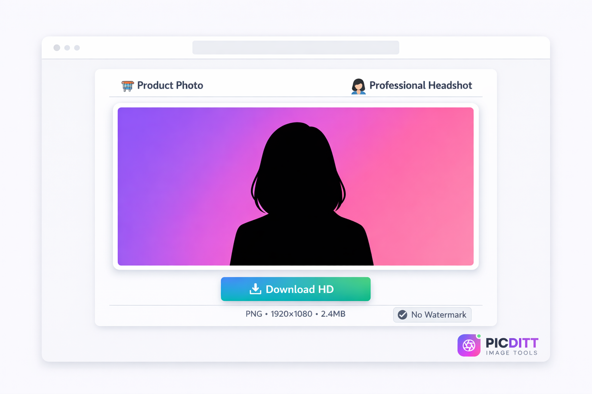 PicDitt AI background remover showing finished result with custom gradient background and HD download option