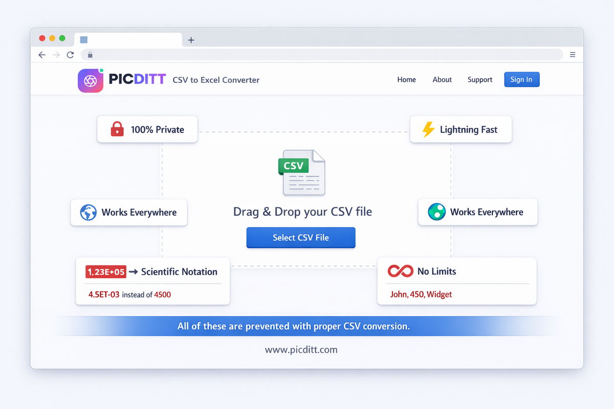 Picditt CSV to Excel converter tool interface showing drag and drop upload area with privacy and speed feature badges