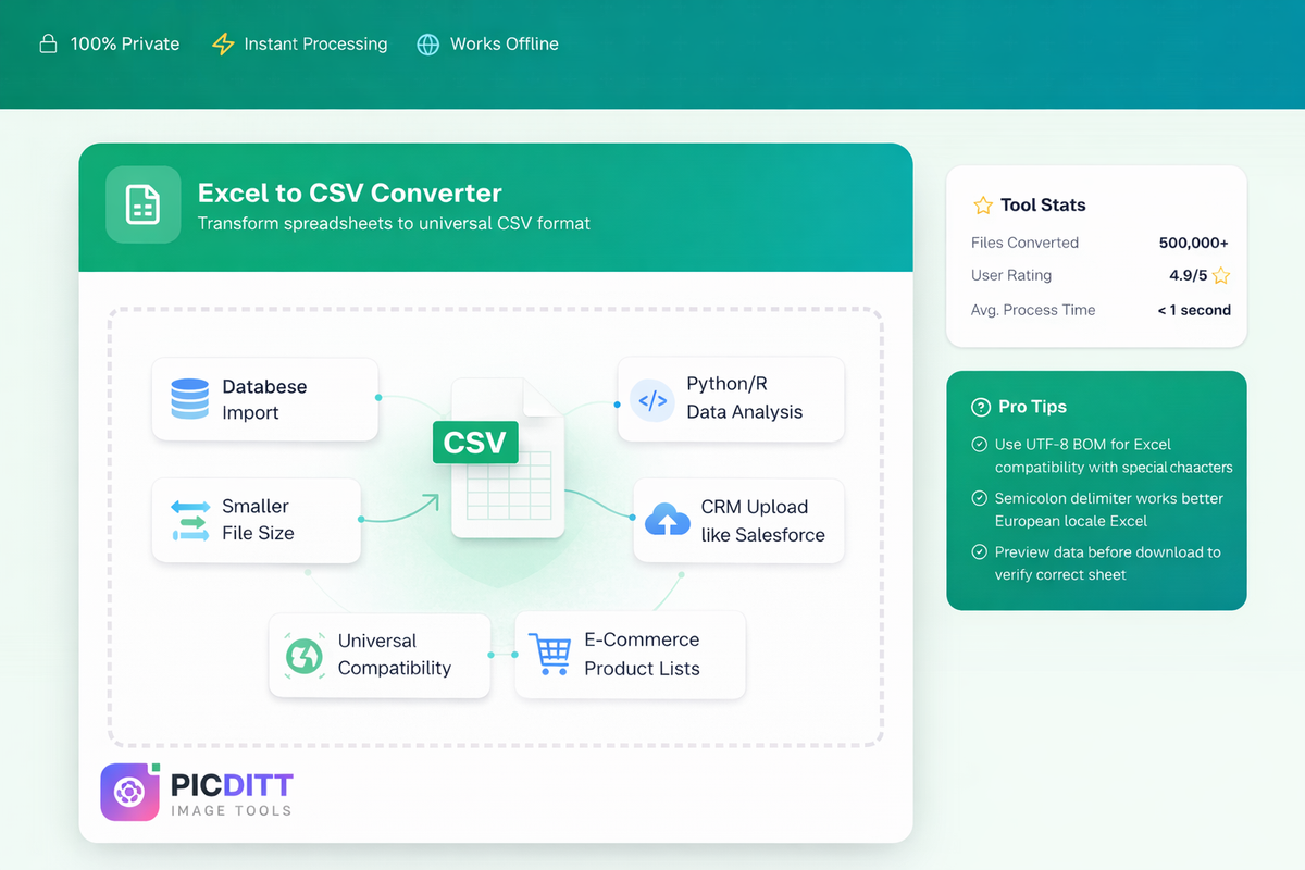 Picditt free online XLSX to CSV converter tool interface showing file upload area with drag and drop support for xlsx and xls files