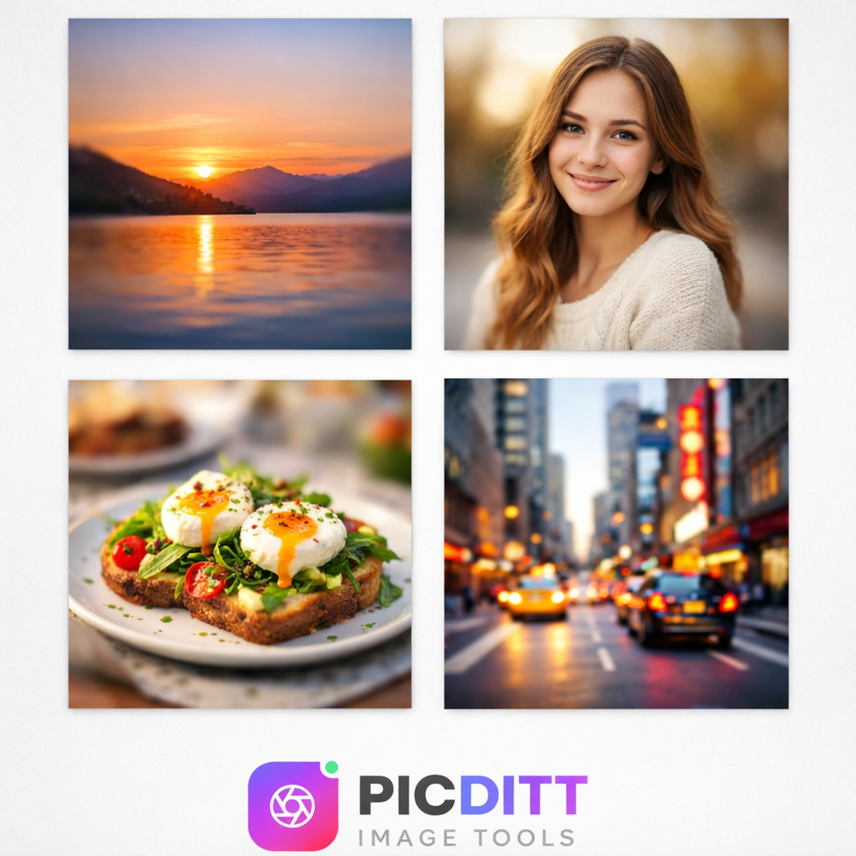 Four different photos showing the blurred background no-crop effect applied to a sunset landscape, portrait, food photo, and urban street scene