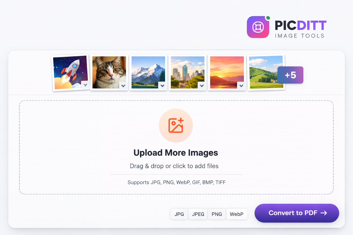 Uploading multiple images to PicDitt image to PDF converter showing image thumbnails