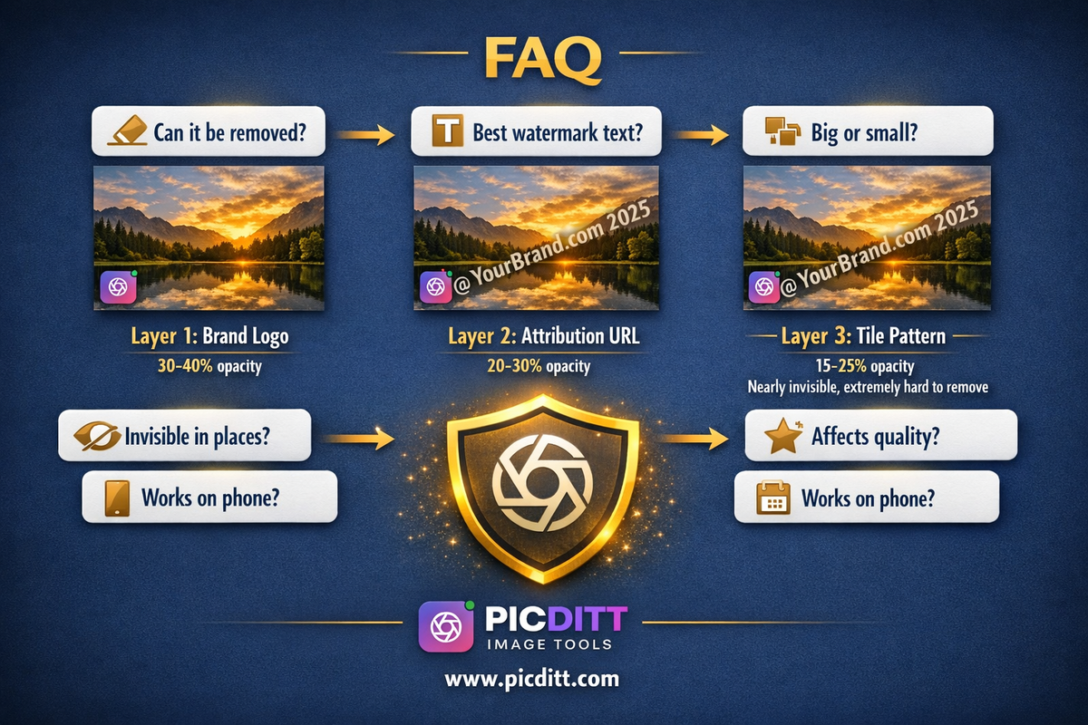 FAQ illustration showing a glowing watermark shield surrounded by floating question cards about watermark removal text size quality visibility mobile use and frequency