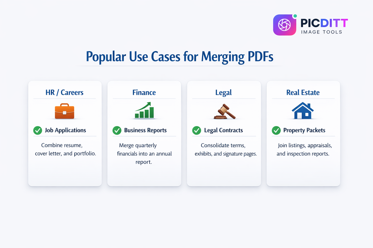 Infographic showing professional use cases for merging PDFs in human resources finance legal and real estate industries