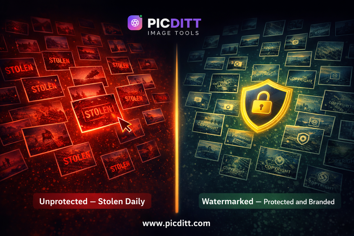 Split illustration showing unprotected photos being stolen versus watermarked photos that are protected and branded with shield icons