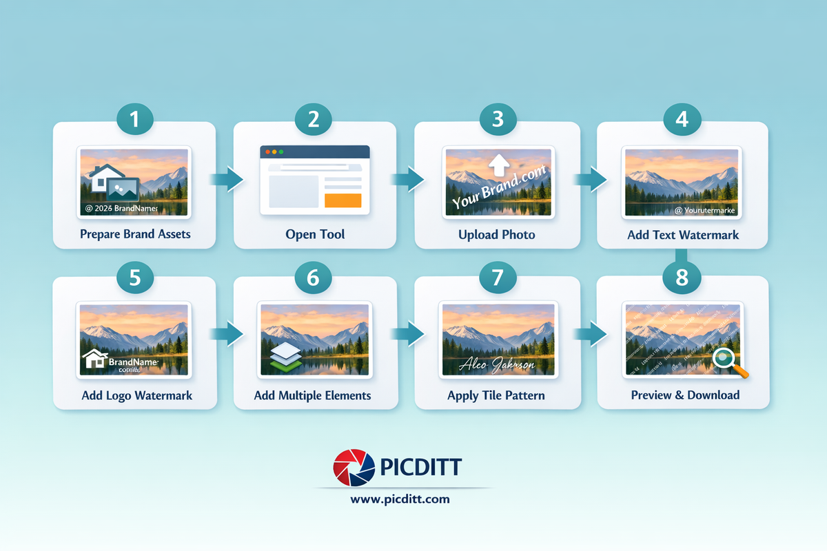 Eight step process flowchart showing how to add logo and text watermarks to photos from preparing brand assets through uploading adding text logo and tile pattern to downloading