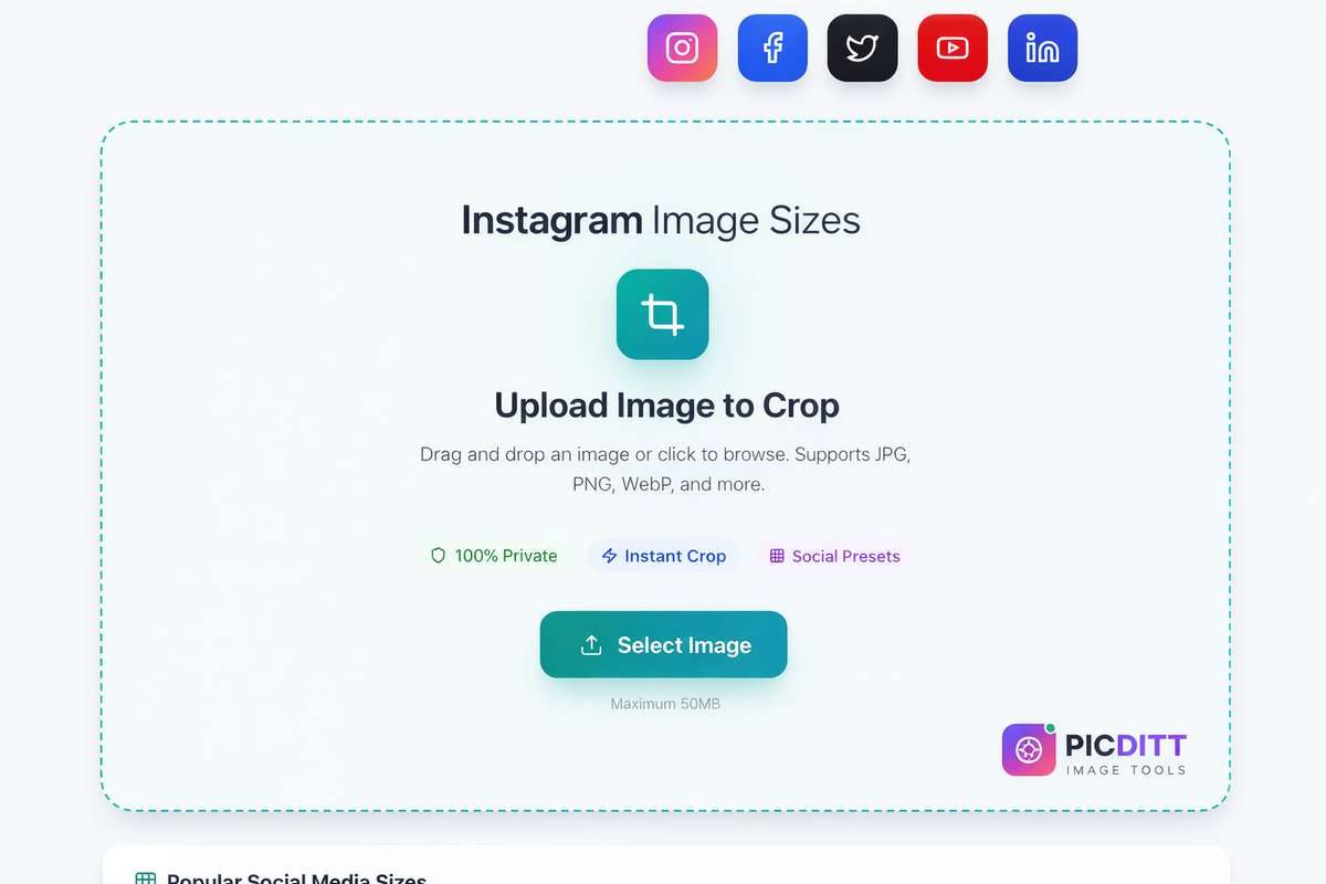 Picditt free online image cropper tool interface showing upload area and social media preset crop options for Instagram Facebook YouTube and more
