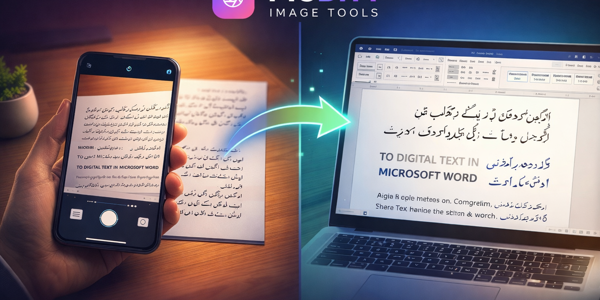 Photo of a printed Urdu document being converted into an editable Microsoft Word document using free AI OCR technology with right to left text correctly formatted