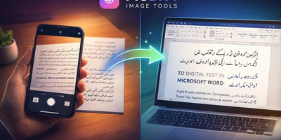 Photo of a printed Urdu document being converted into an editable Microsoft Word document using free AI OCR technology with right to left text correctly formatted