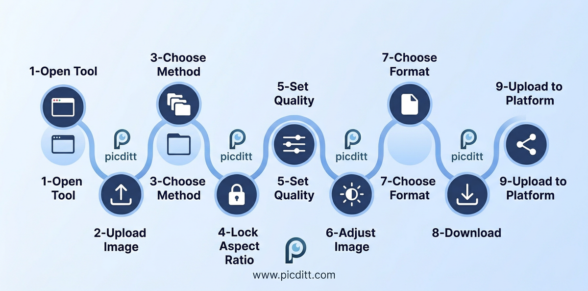 Nine-step flowchart showing how to zoom and resize a profile picture using the free online tool from upload to posting on social media