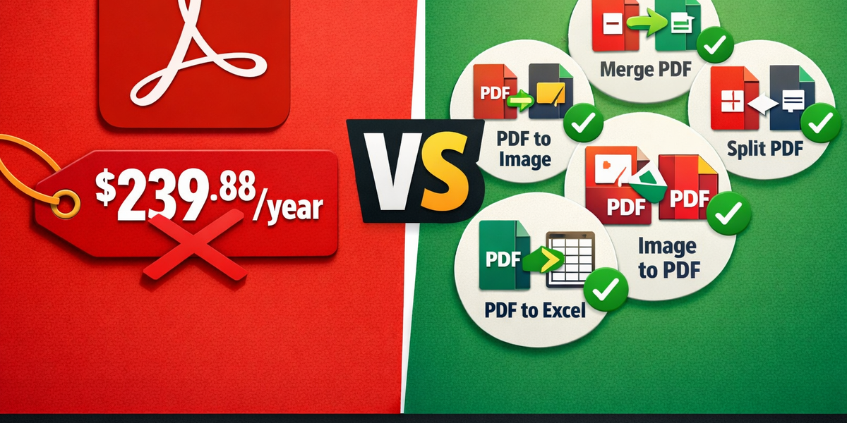 Adobe Acrobat logo with a large price tag crossed out next to five free PDF tool icons showing merge split convert extract and image to PDF capabilities