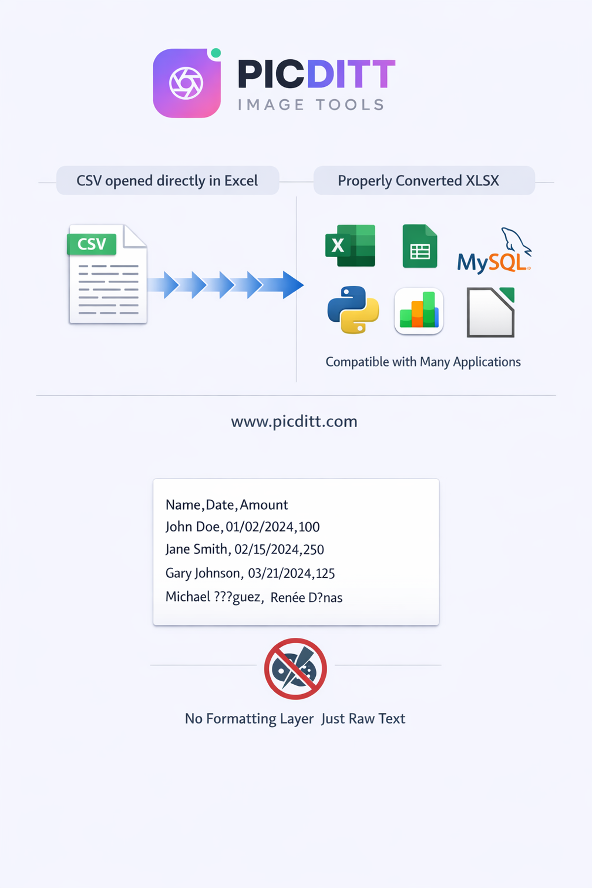 Diagram showing CSV file universal compatibility with multiple applications alongside an explanation that CSV contains no formatting information
