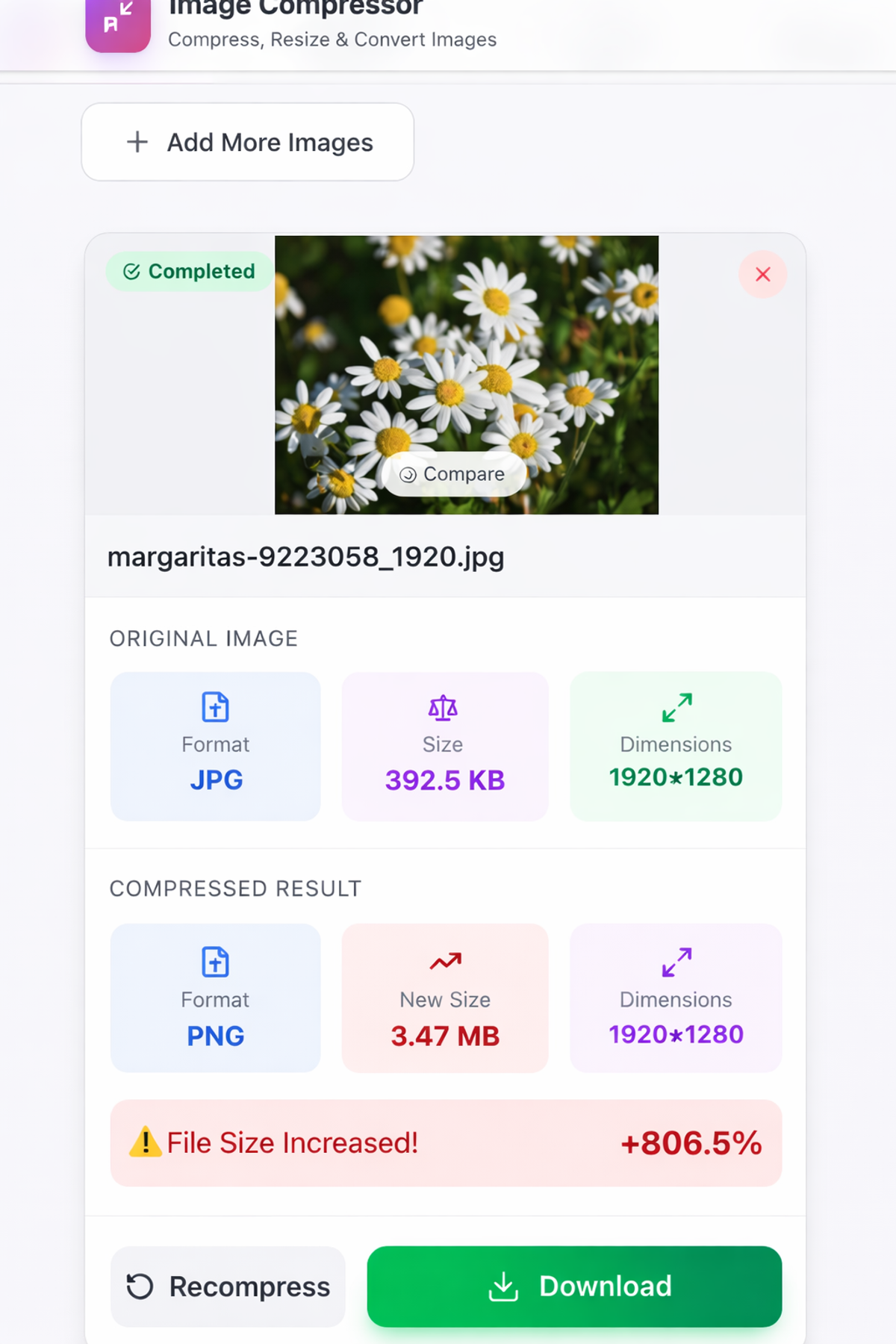 Image compression example showing photo reduced from 4MB to 150KB using PicDitt compressor